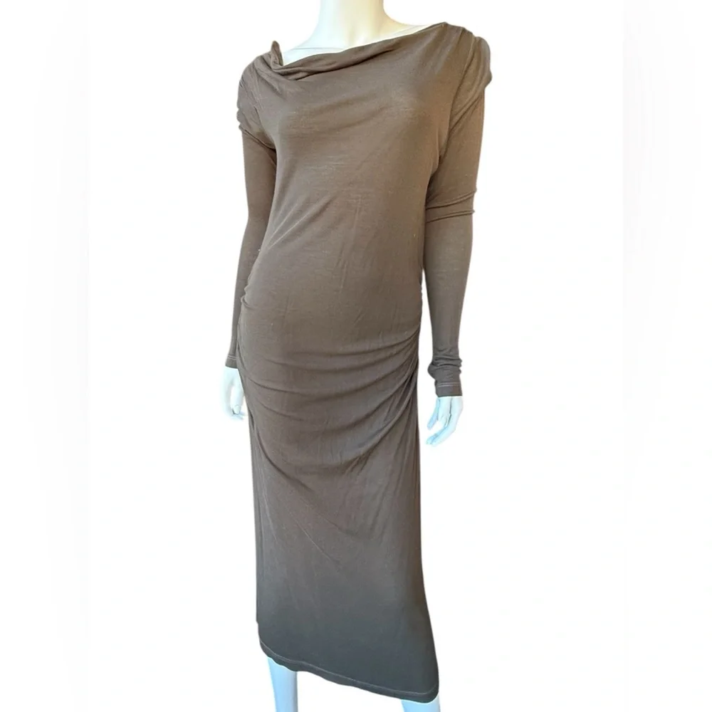 Vintage 00’s JAMES PERSE khaki/ brown l/s draped body con maxi dress Large - Picture 5 of 6